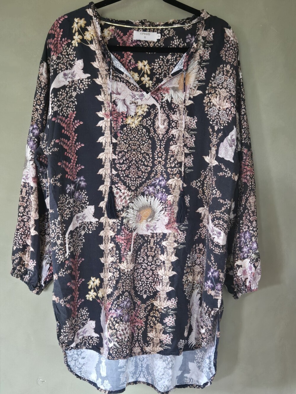 Cream | Floral Boho High-Low Tunic Blouse with Tassels, Size 38 - Picture 2 of 10
